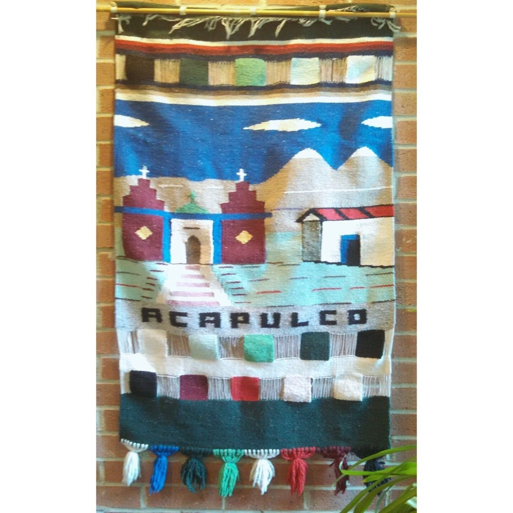 Vintage Mexican Wool Wall Hanging Rug with Fringe Acapulco Large 50 x 28" Latino